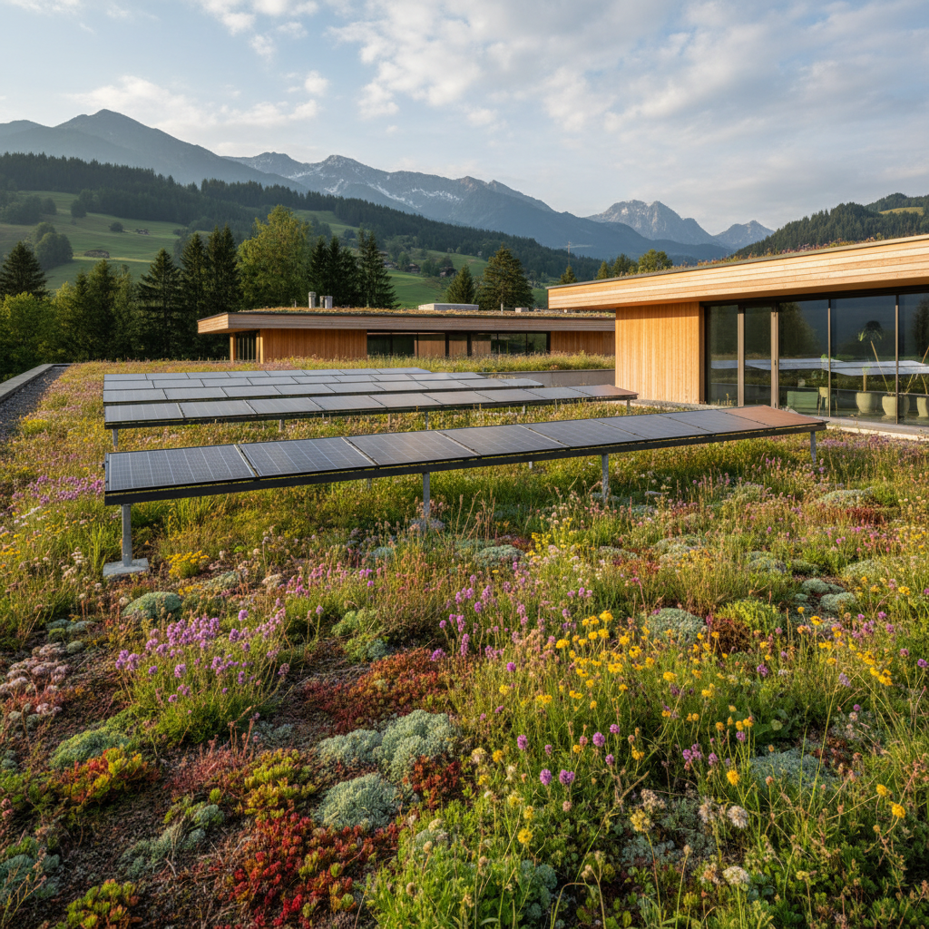 Gruendach mit Solarpanels Biosolar Kombination