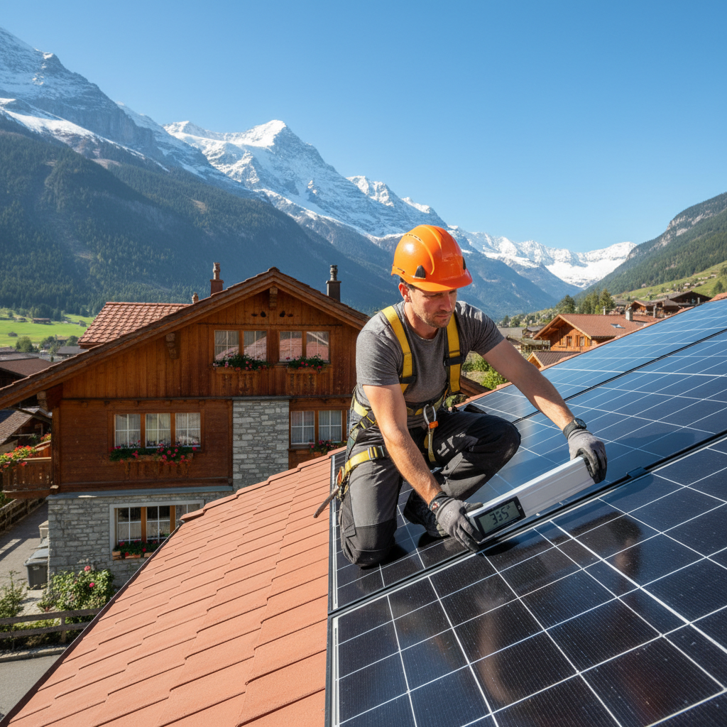 Solartechniker misst Dachneigung fuer optimalen Solarertrag