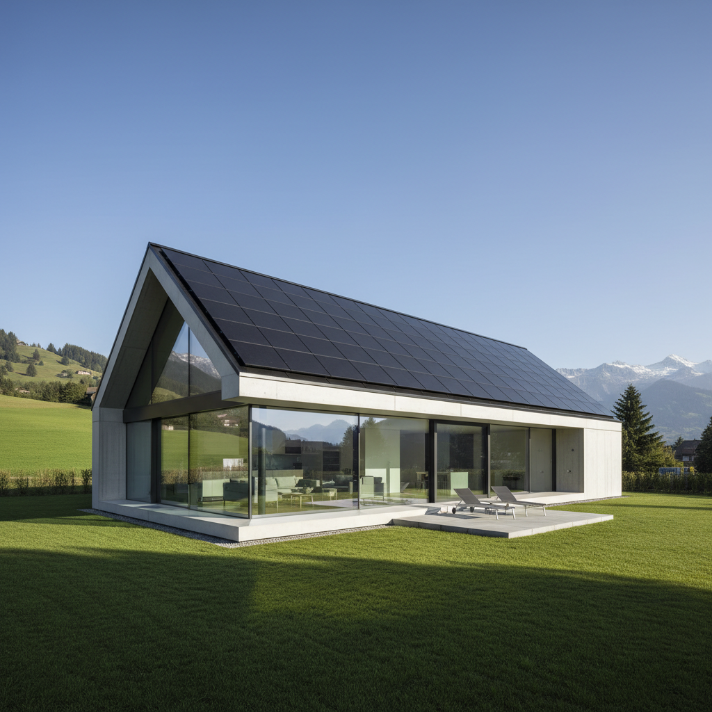Modernes Haus mit Pultdach voller Solarpanels