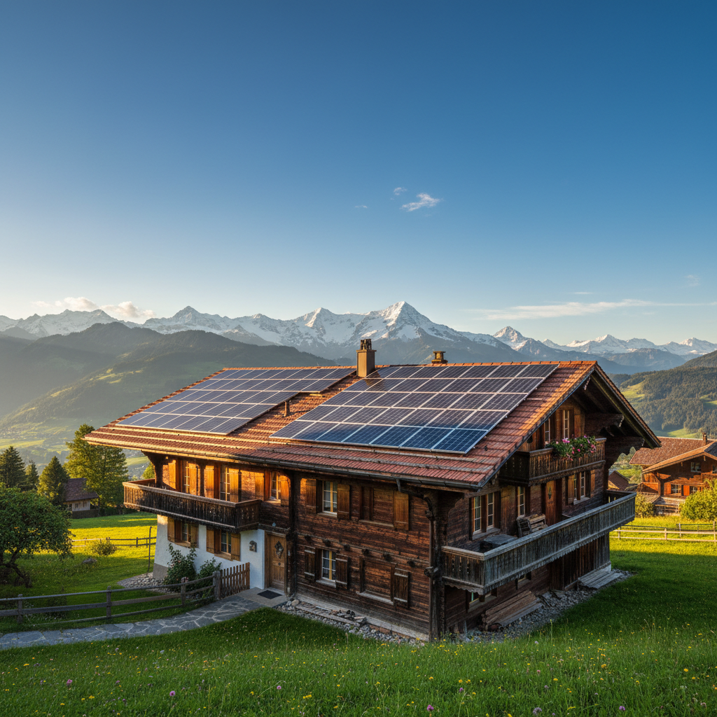 Solaranlage auf dem Satteldach - Schweizer Haus mit Solarpanels