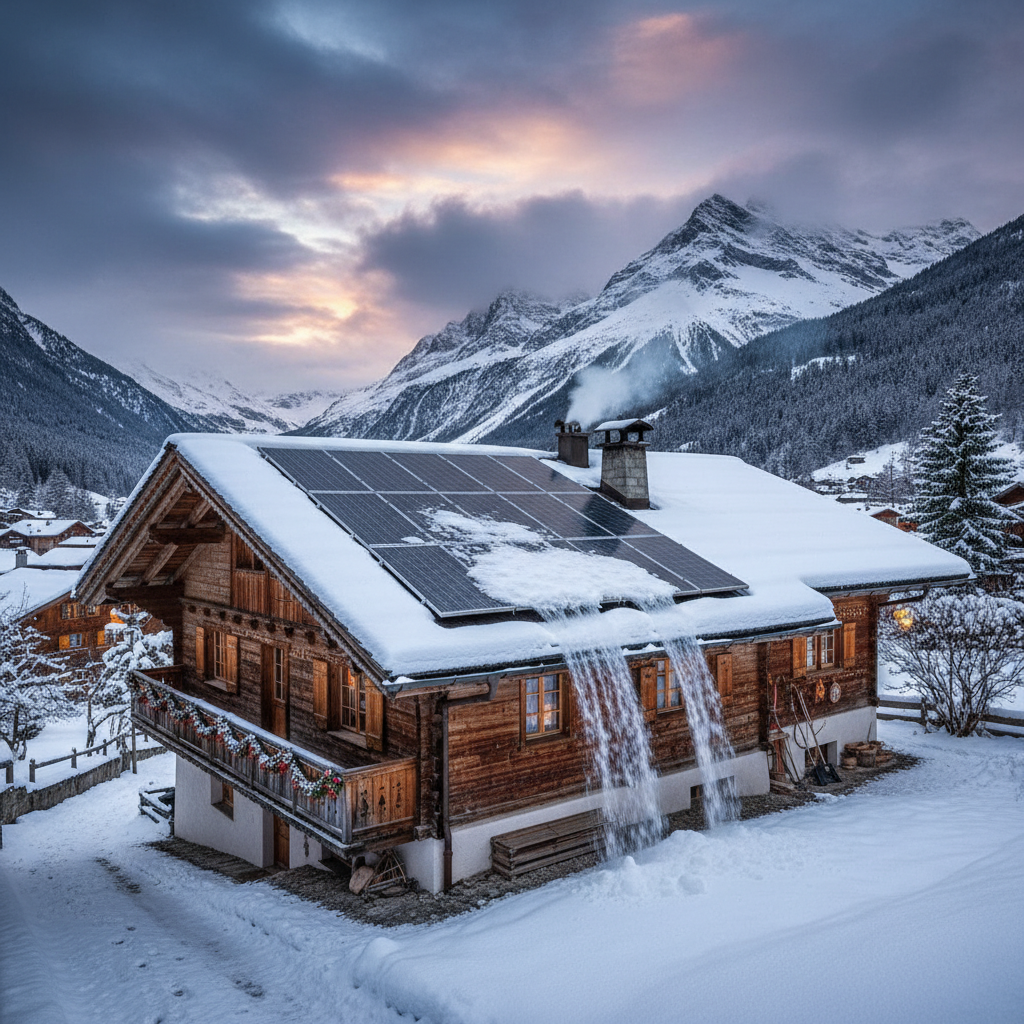 Schweizer Haus mit Solarpanels im Winter bei Schnee