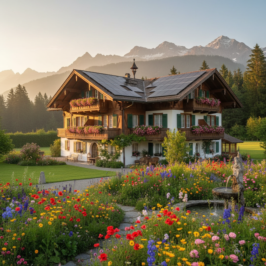 Schweizer Villa mit Walmdach und Solarpanels